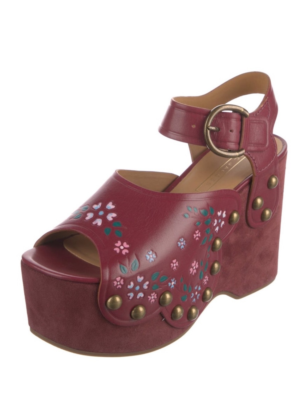 Marc Jacobs Maroon Floral Stud Platform Wedge Sandal with Ankle Buckle